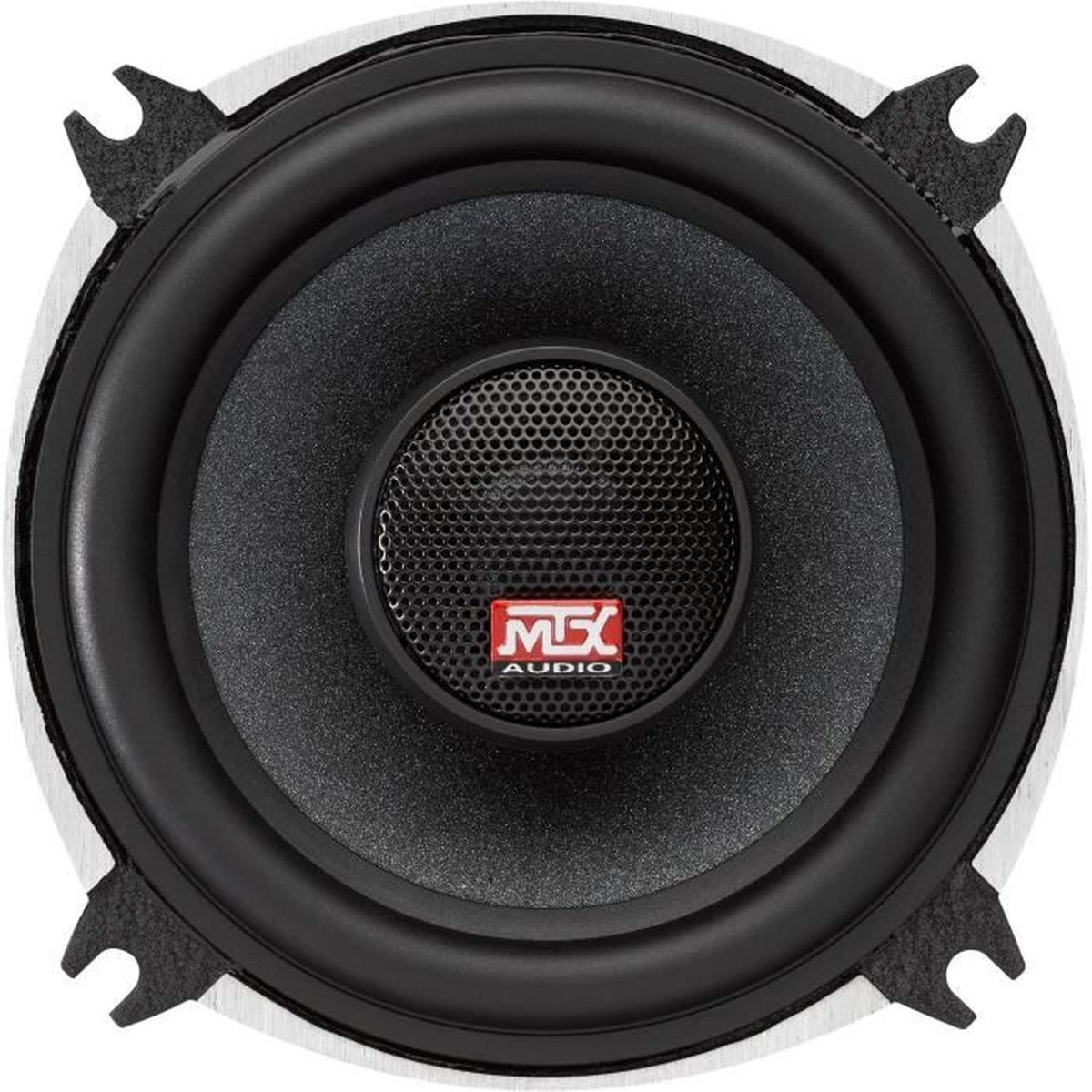Nahaufnahme eines schwarzen Autolautsprechers mit Metallgitter und dem MTX Audio-Logo.