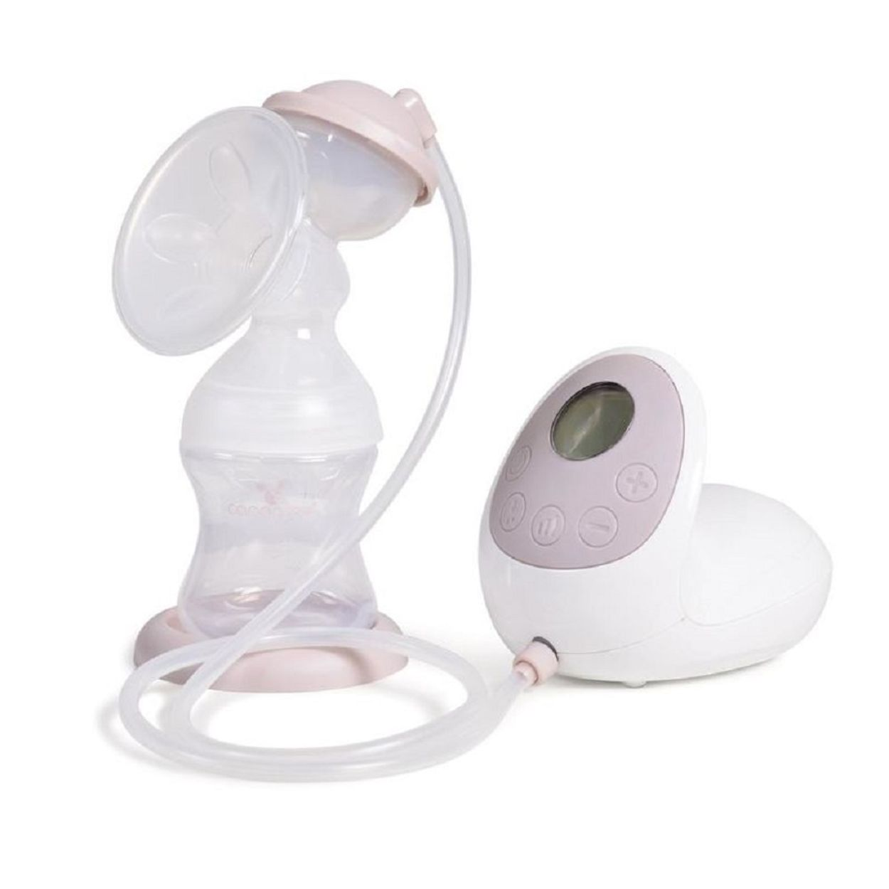 Eine elektrische Brustpumpe in Weiß und Rosa. Sie hat eine Flasche, einen Saugnapf und eine Steuereinheit mit Knöpfen und einem Bildschirm.
