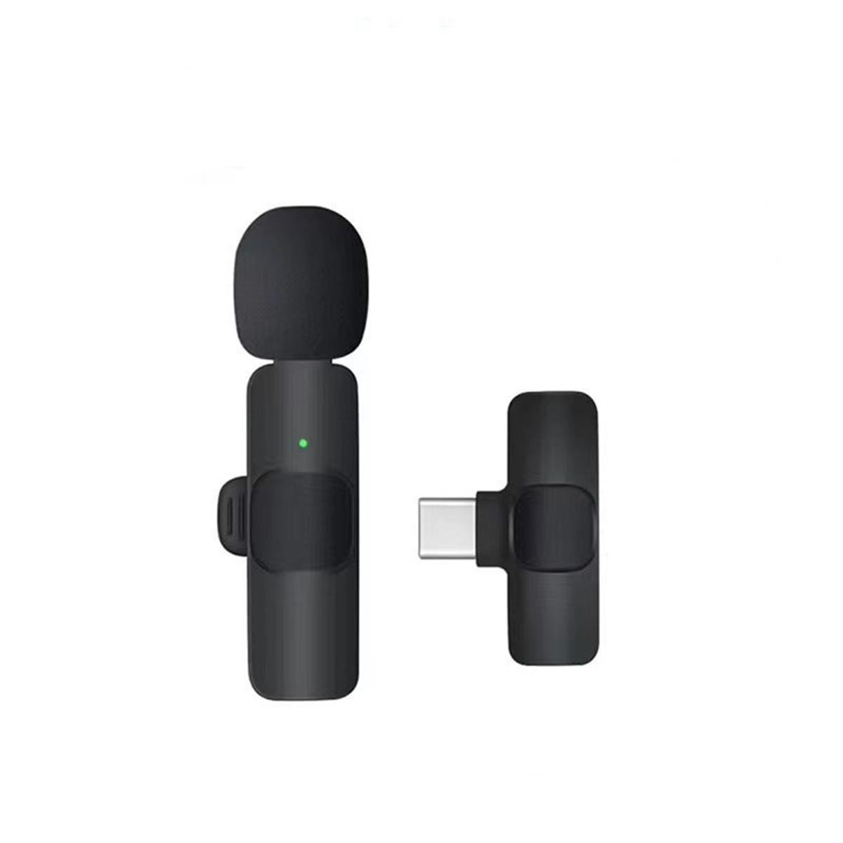 Zwei schwarze kabellose Mikrofone, eines mit USB-C-Anschluss.