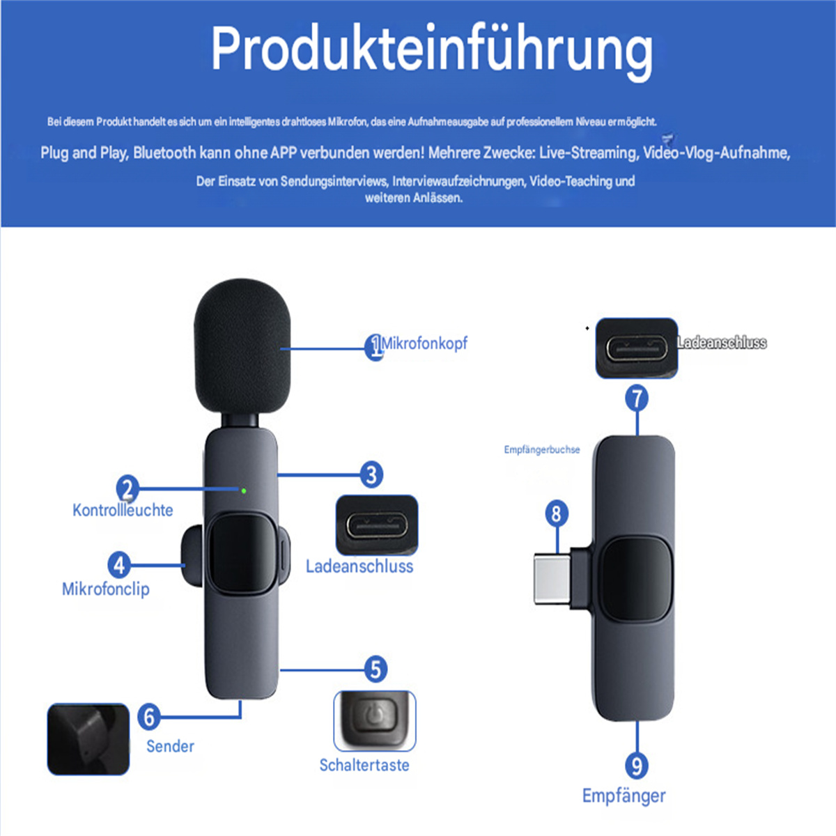 Diagramm eines drahtlosen Mikrofonsystems, einschließlich Mikrofon, Empfänger und beschrifteten Komponenten.