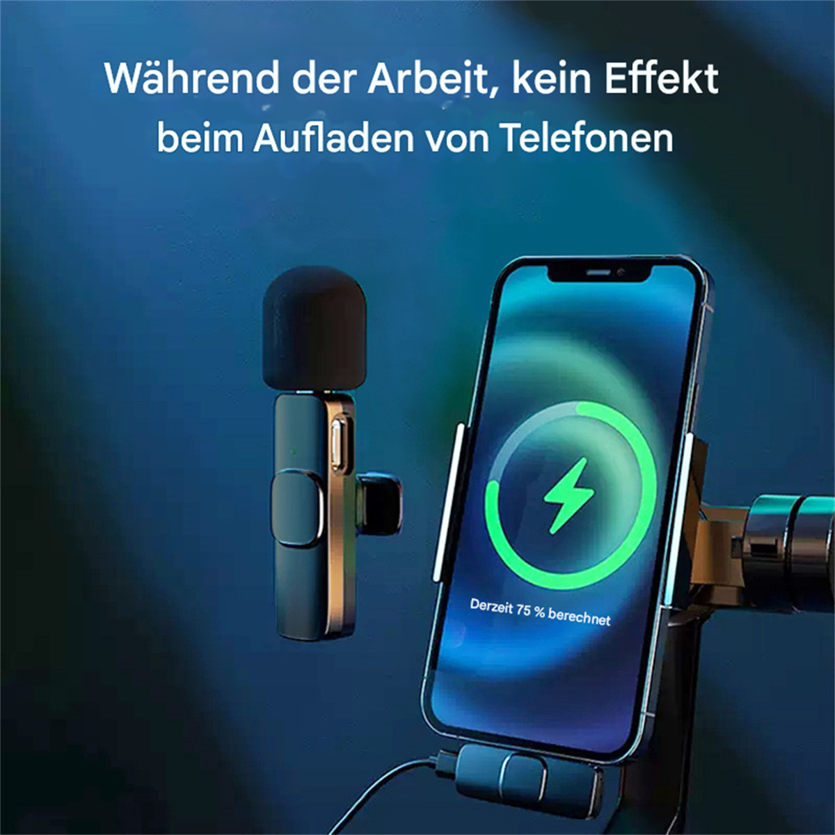 Ein Mikrofon, das ein Telefon drahtlos auflädt. Das Telefon zeigt eine Lade-Grafik an.