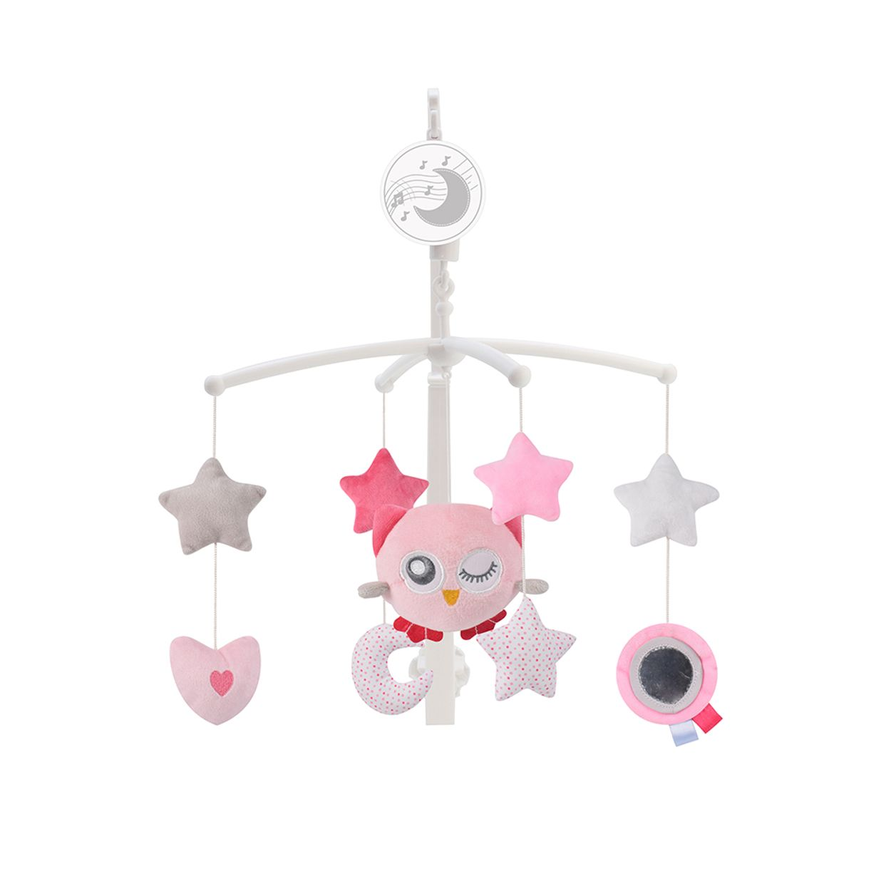 Babymobile mit Eule, Sternen und Herz-Dekorationen, weißer Hintergrund.