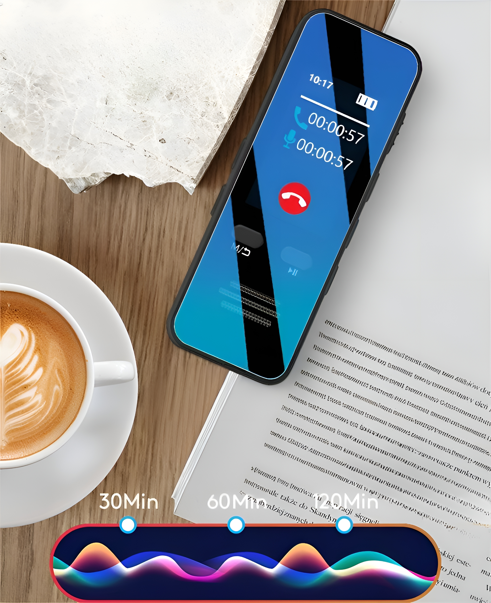 Ein Telefonbildschirm, der einen laufenden Anruf, eine Kaffeetasse und Papiere auf einem Holztisch zeigt.