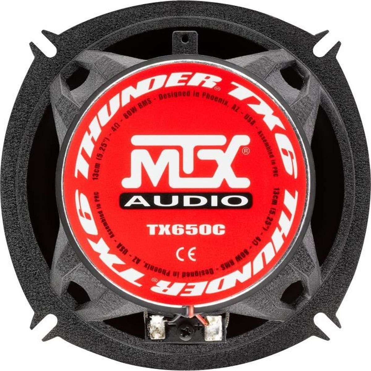 MTX Audio TX650C Auto-Lautsprecher mit rotem und schwarzem Design.