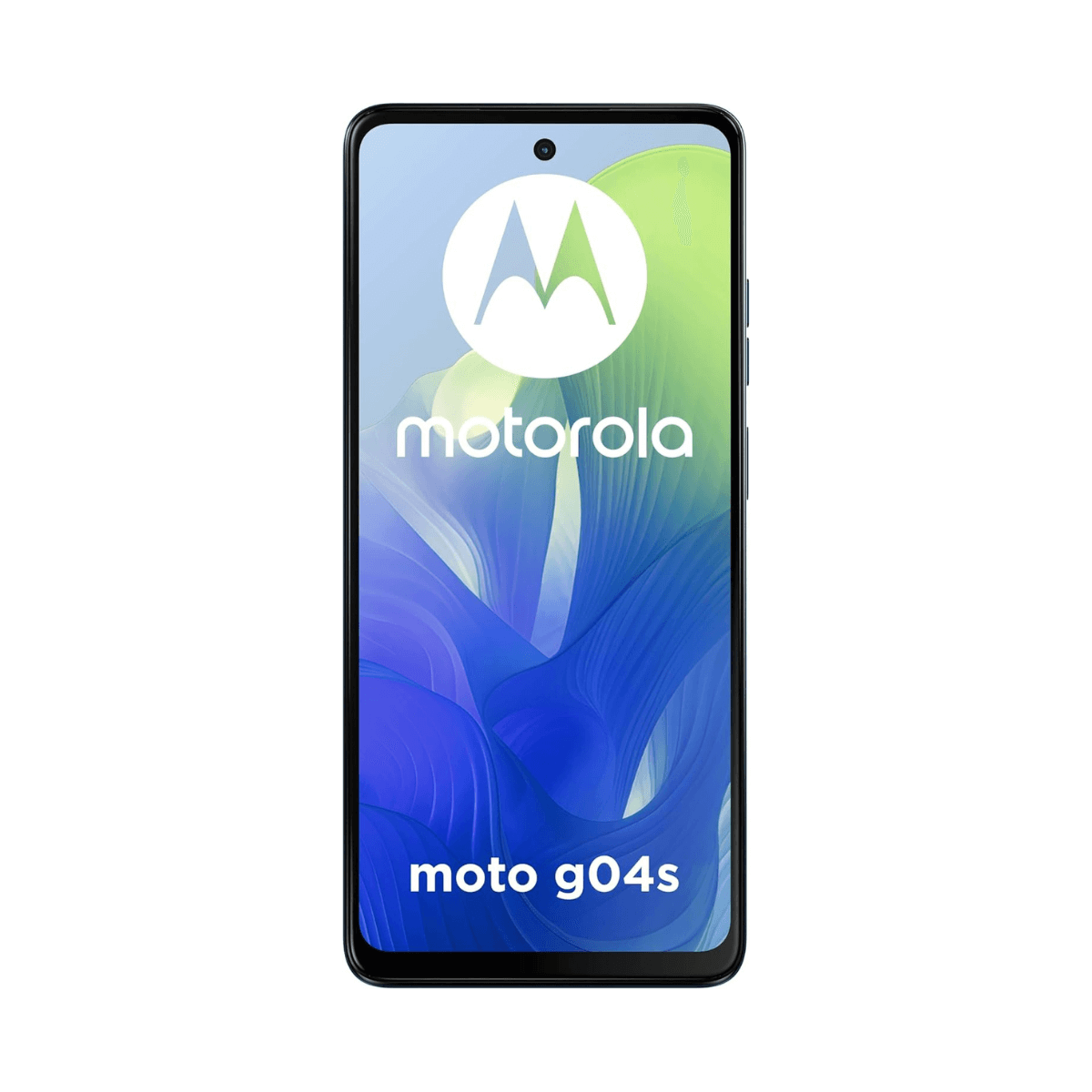 Telefon Motorola z centralnym logo na niebiesko-białym tle.