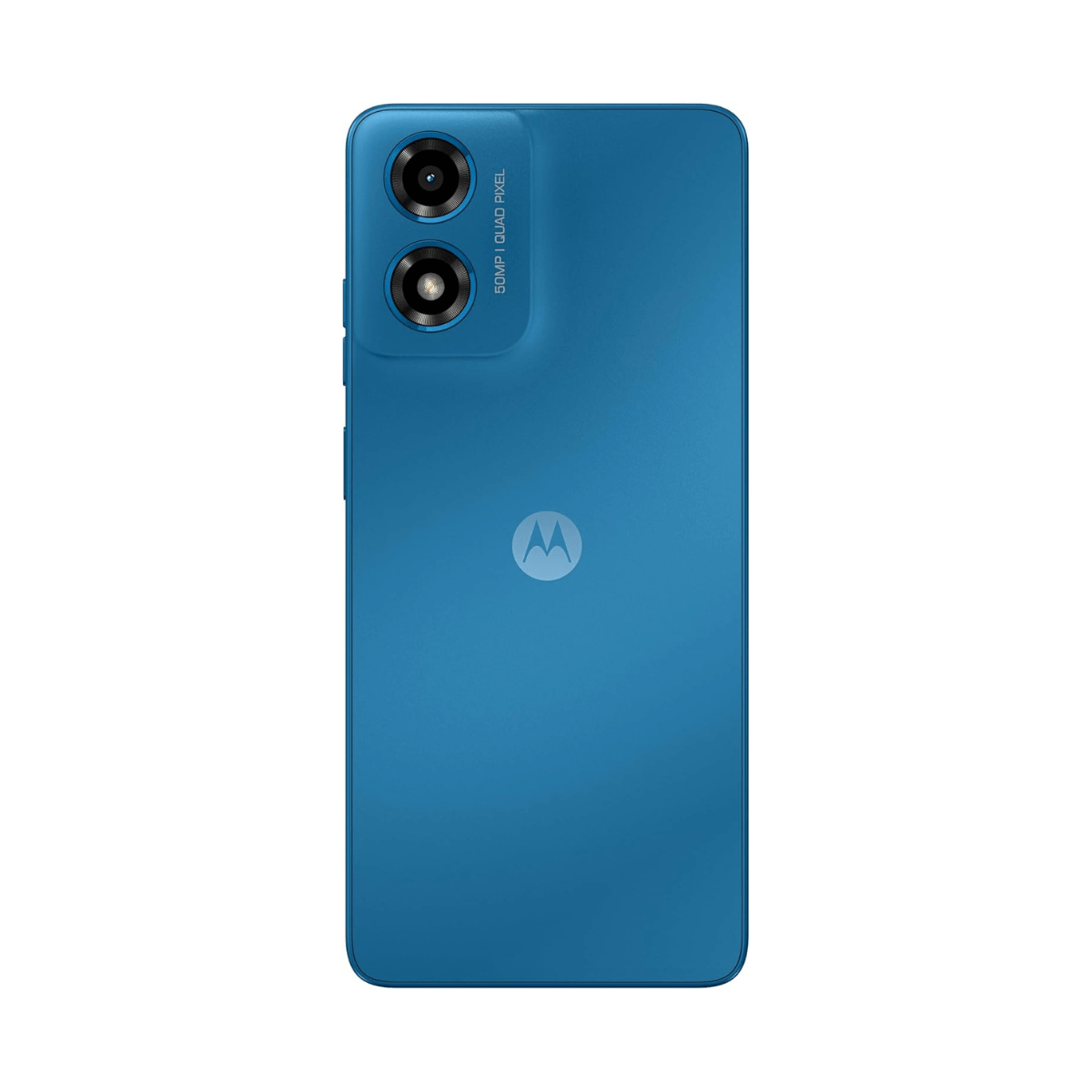 Tył niebieskiego smartfona Motorola z dwoma obiektywami aparatu i logo Motorola.