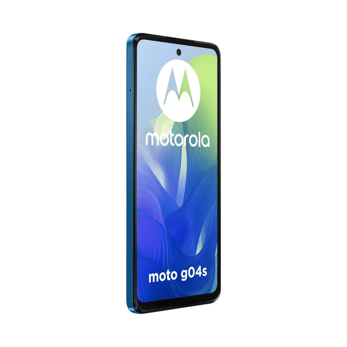 Turkusowy smartfon Motorola Moto g04s na białym tle. Ekran wyświetla logo Motorola.