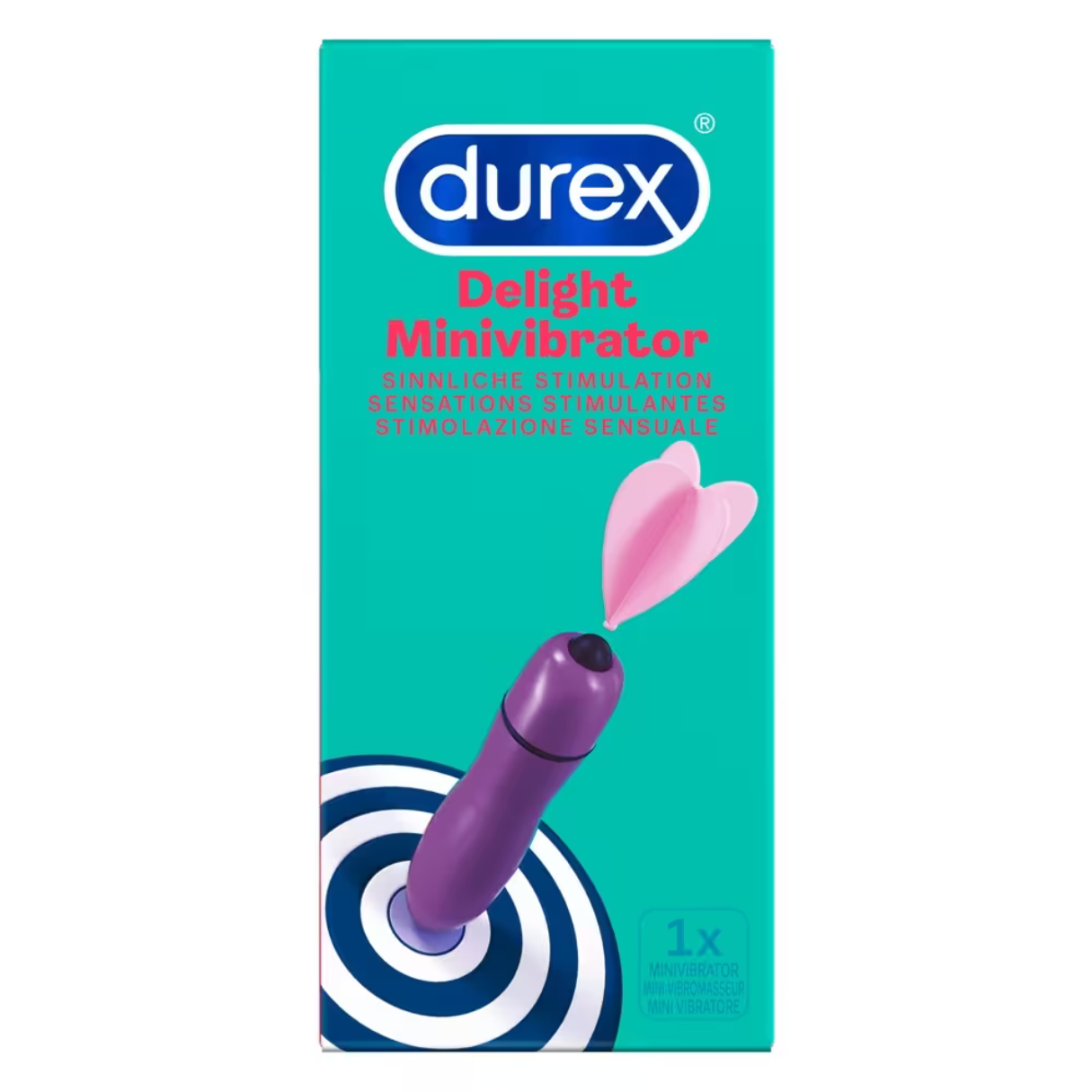 Pudełko i wibrator Durex Delight Minivibrator. Pudełko jest turkusowe i białe. Wibrator jest fioletowy.