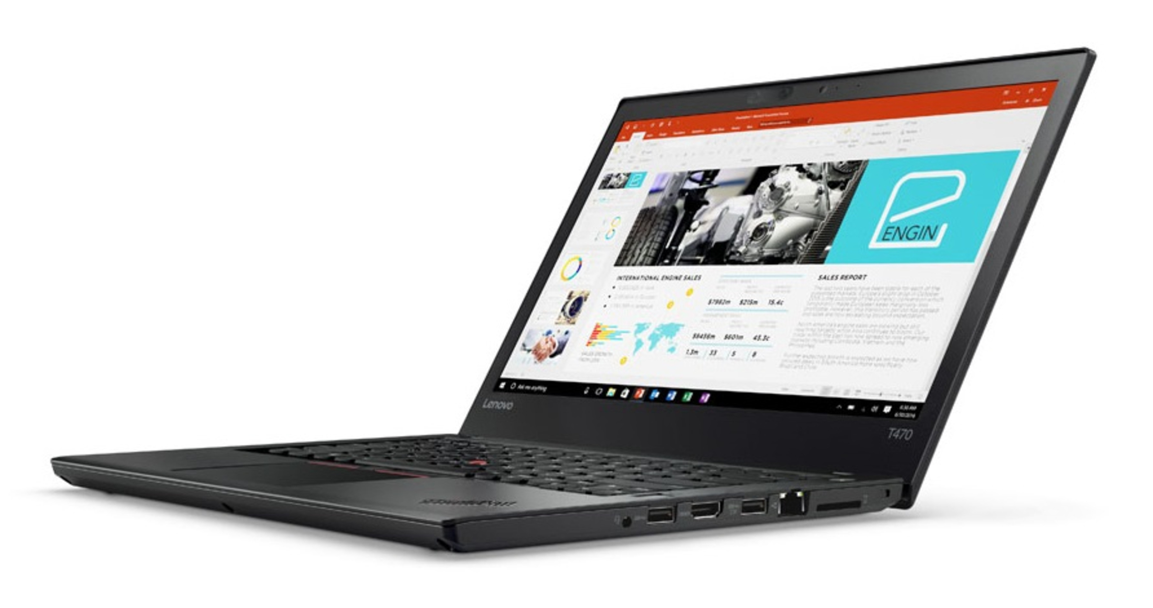 Schwarzer Laptop mit Präsentation auf dem Bildschirm, isoliert auf weißem Hintergrund.