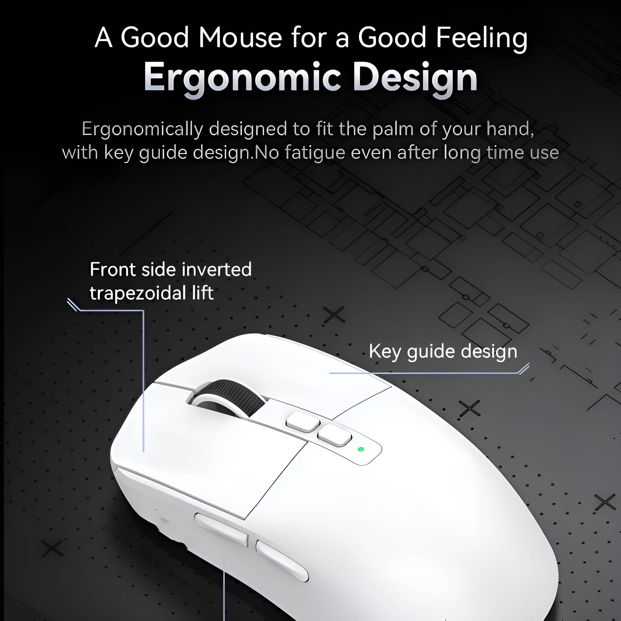 Weiße kabellose Maus mit schwarzen Details, ergonomisches Design mit Tastaturführung.
