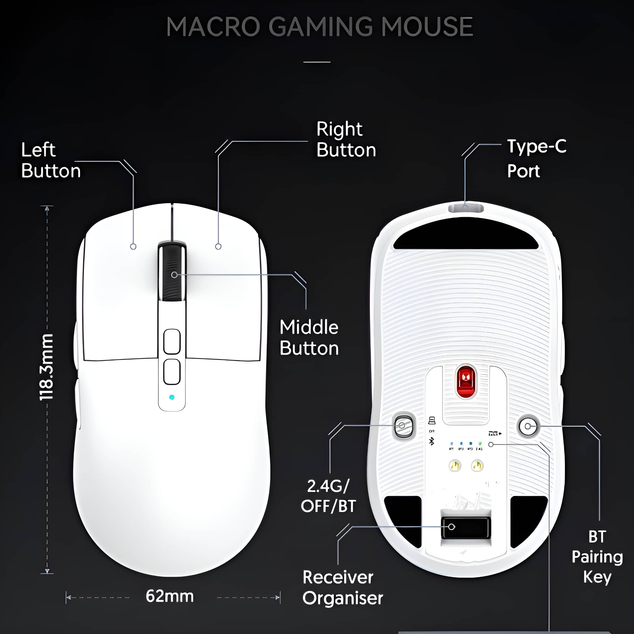 Weiße Gaming-Maus mit Tasten, Abmessungen und Anschluss.