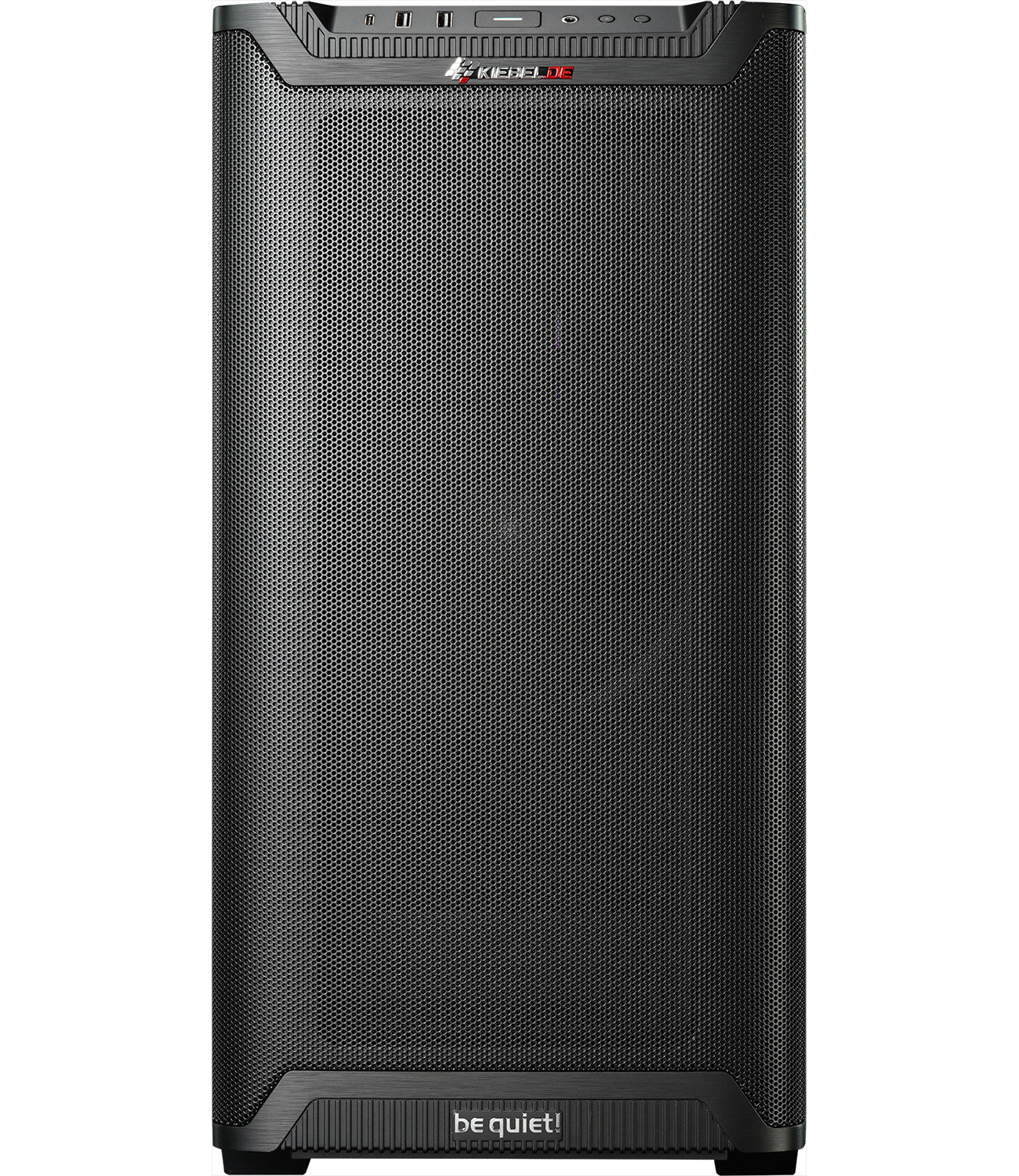 Schwarzes Computergehäuse mit Mesh-Front und dem Schriftzug 'be quiet!' unten.