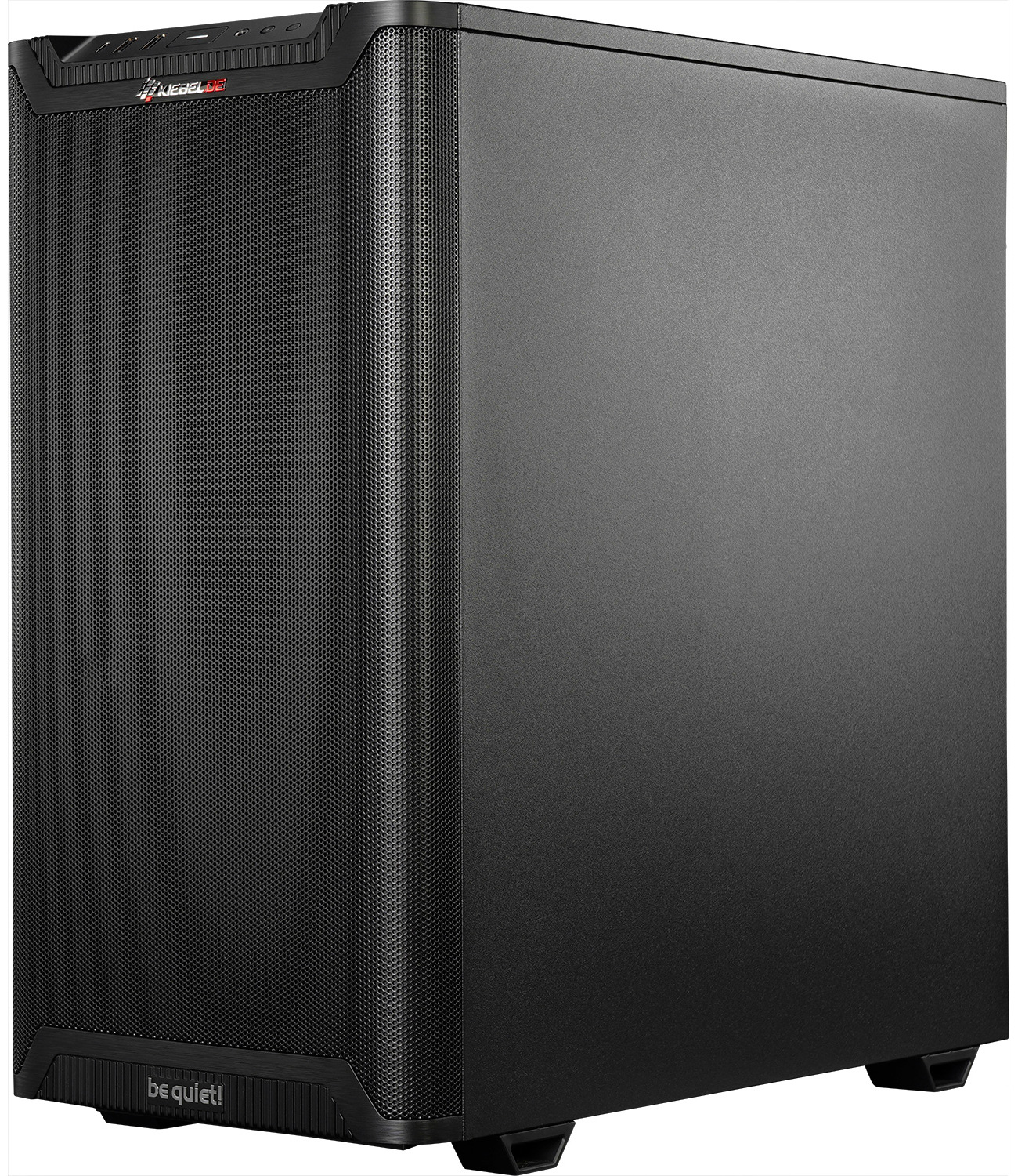 Schwarzes Computergehäuse mit Mesh-Frontplatte, mit dem be quiet! Logo unten.