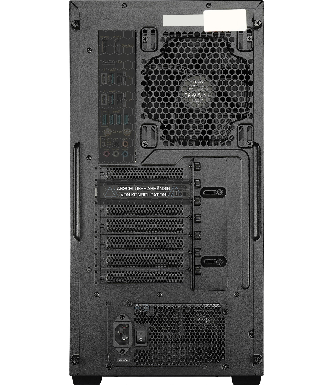 Rückseite eines schwarzen Computerturms mit Mesh, Lüftungsschlitzen und verschiedenen Anschlüssen.