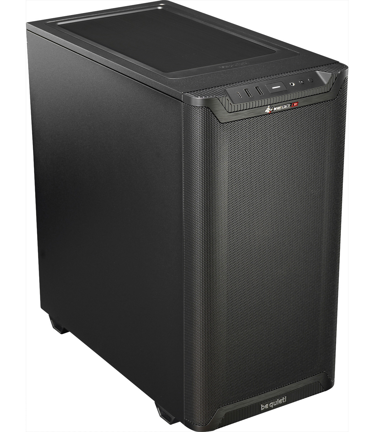 Schwarzes Computergehäuse mit Mesh-Frontplatte und be quiet!-Logo unten.