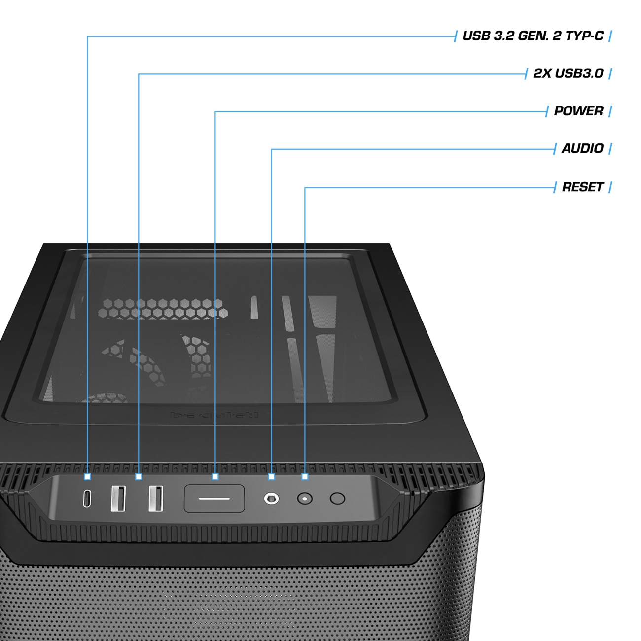 Schwarzes Computergehäuse mit beschrifteten Anschlüssen. Enthält USB-, Strom-, Audio- und Reset-Tasten.