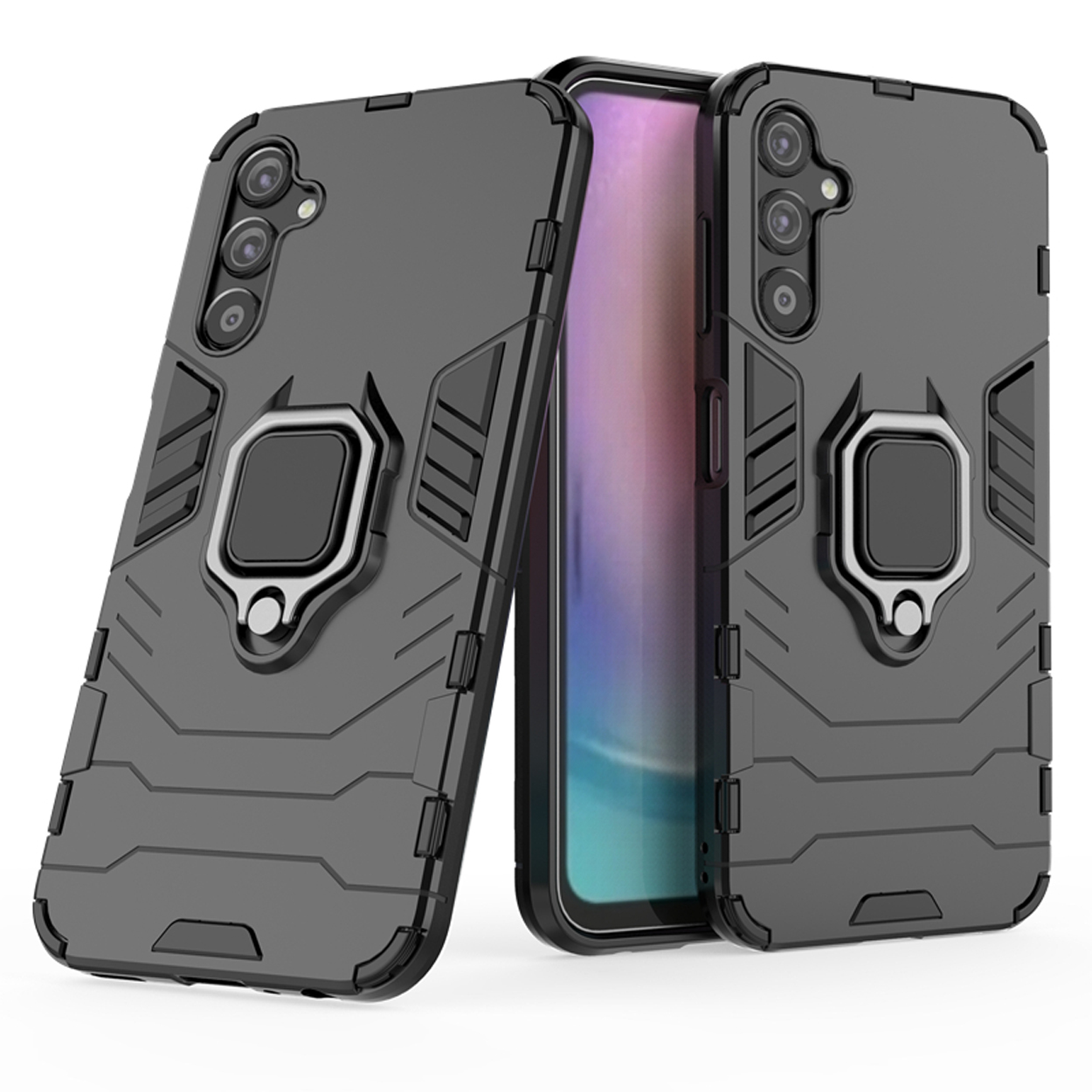 Zwarte telefoonhoesjes met ringhouders, één met telefoon. Hoesjes zijn zwart met grijze accenten.