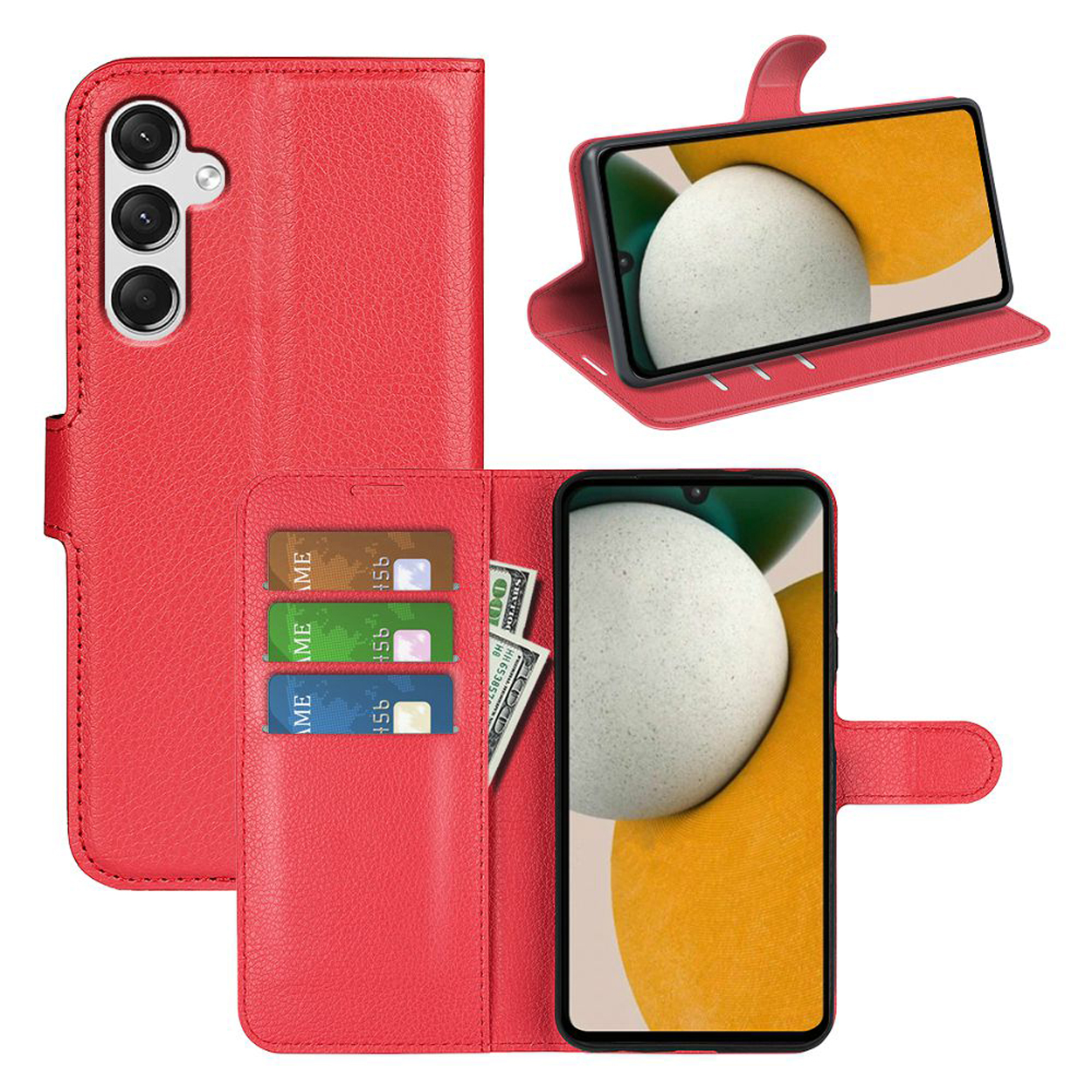 Étui de téléphone rouge, avec téléphone et cartes à l'intérieur. L'étui est ouvert et a une fermeture magnétique.