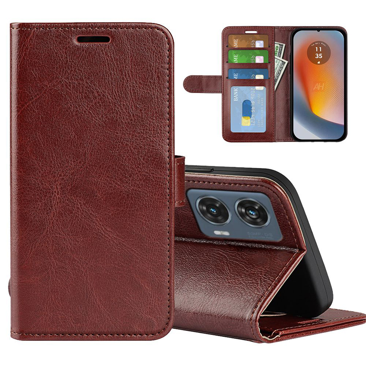 Étui de téléphone en cuir marron. Ouvert, montrant un téléphone, des cartes et de l'argent.