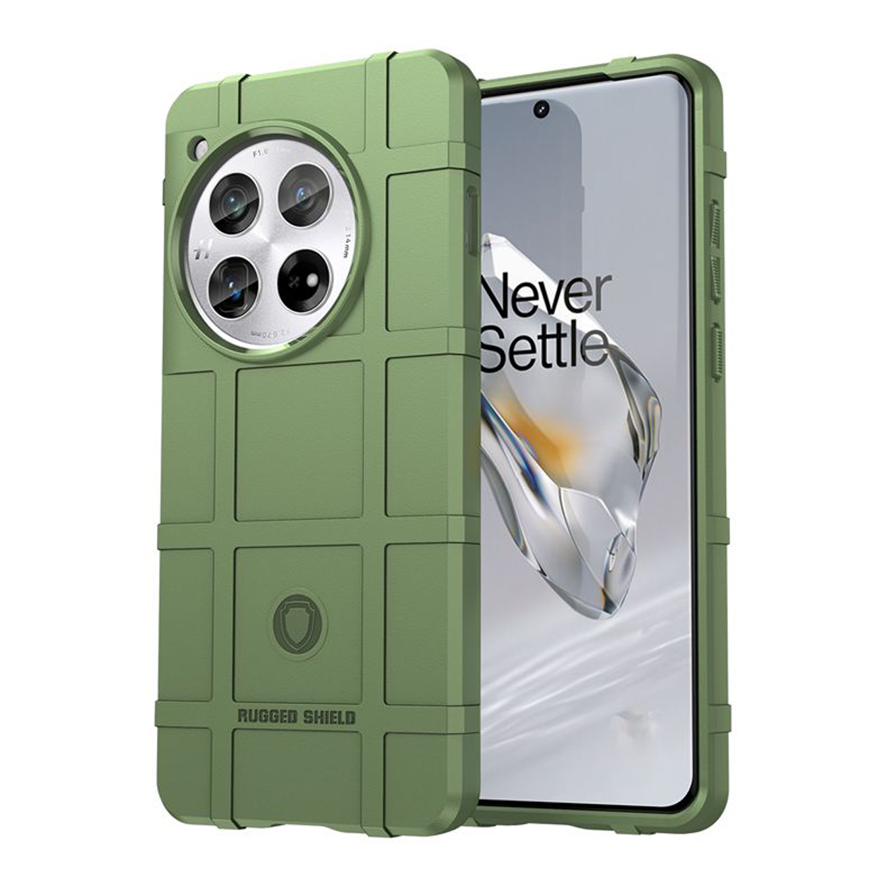 Coque de téléphone robuste verte avec téléphone à l'intérieur. La coque a un design carré et couvre le téléphone.