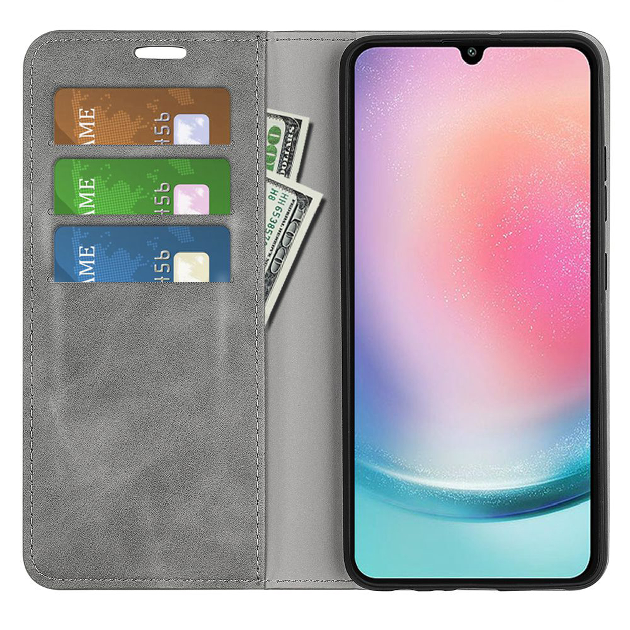 Grijze portemonneehoes met kaarten en geld. Telefoon rechts.