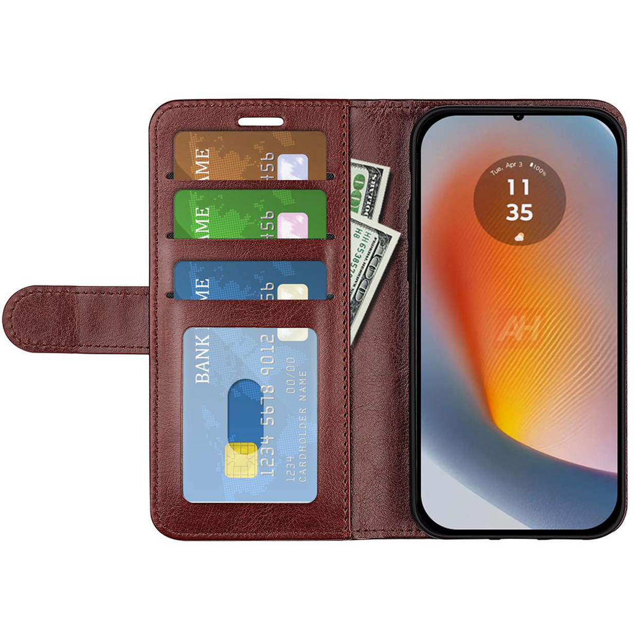 Étui de téléphone marron ouvert, avec un téléphone, des cartes et de l'argent. L'écran est visible.