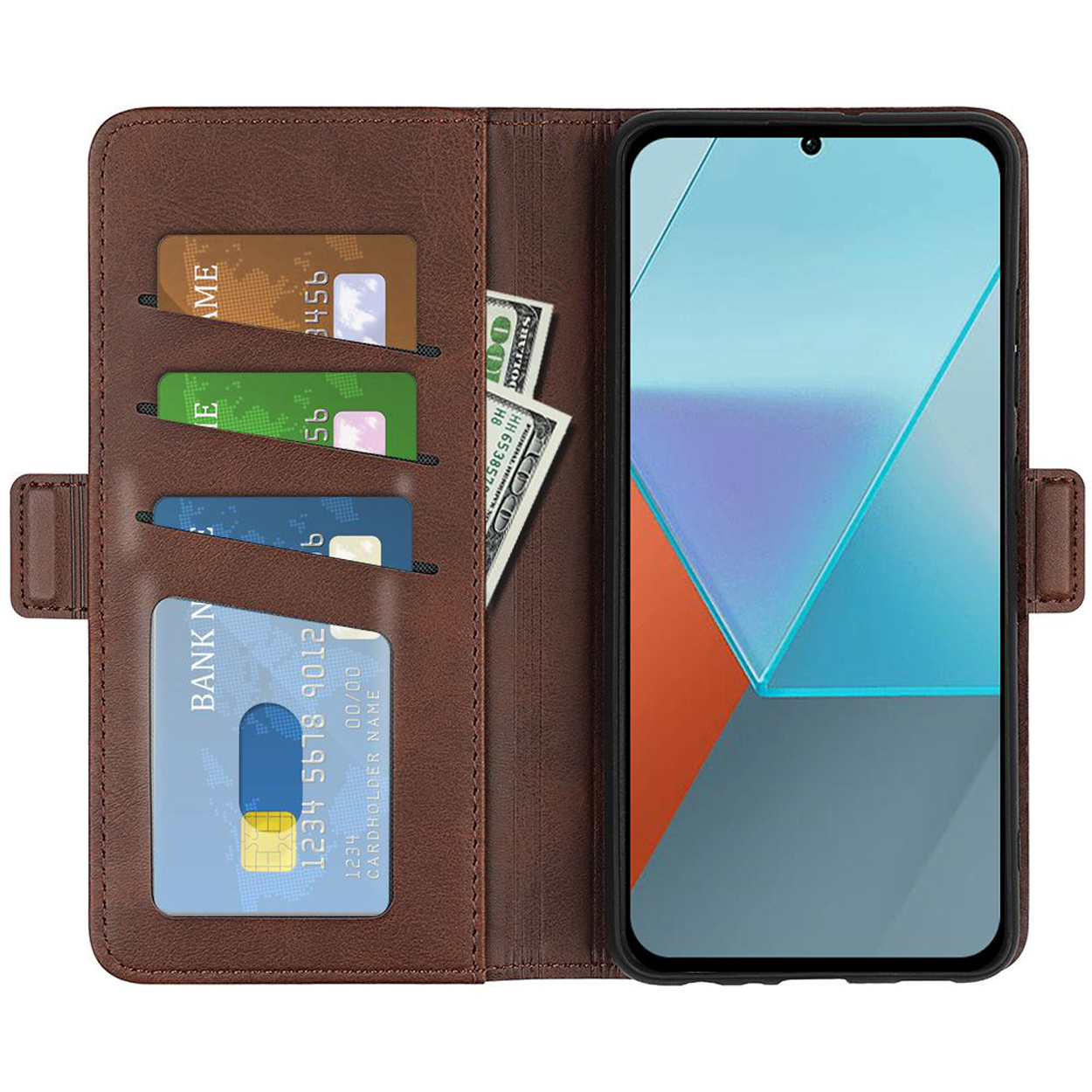 Bruine telefoonhoes, open. Binnenin: kaarten, geld en telefoon. Telefoon toont een kleurrijk scherm.