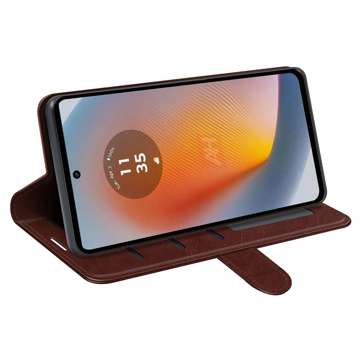 Étui de téléphone marron. L'écran affiche l'heure et la date. L'étui est ouvert, montrant le téléphone.