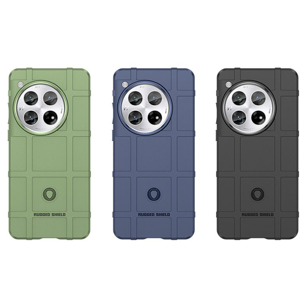 Trois coques de téléphone. Vert, bleu et noir. Toutes ont des découpes d'appareil photo circulaires et des surfaces texturées.