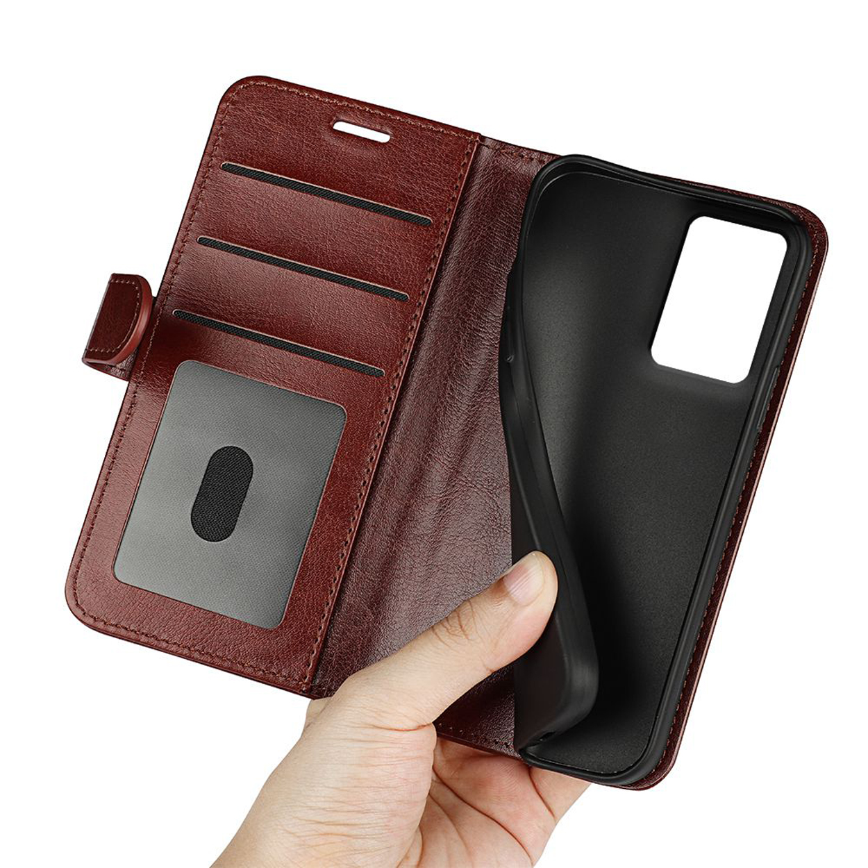 Coque de téléphone en cuir marron, ouverte avec le téléphone à l'intérieur. La coque possède des emplacements pour cartes.