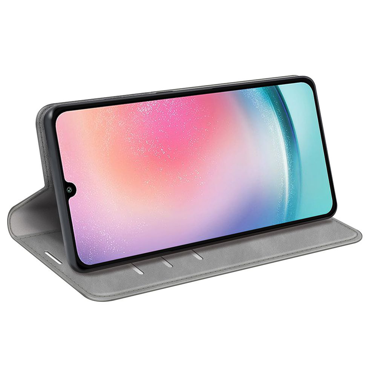 Telefoon in een grijze leren hoes, omhoog gehouden. Scherm toont een kleurrijke abstracte afbeelding.