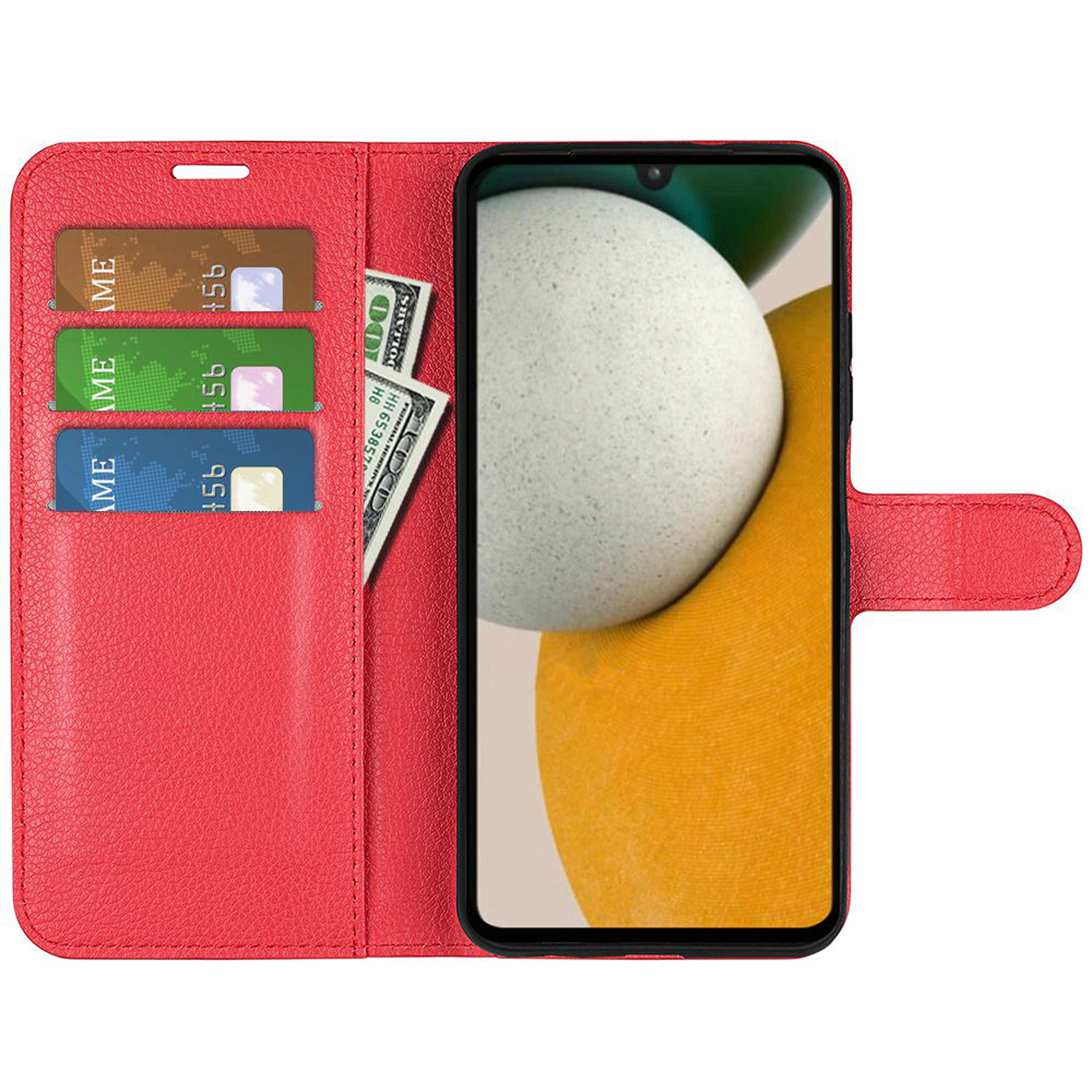 Coque de téléphone rouge, ouverte avec un téléphone à l'intérieur. Elle possède des emplacements pour cartes et un billet de banque.