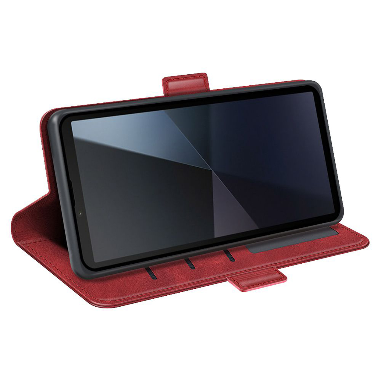 Rode tablethoes open, een tablet zit erin. De hoes is rood met een zwarte rand.