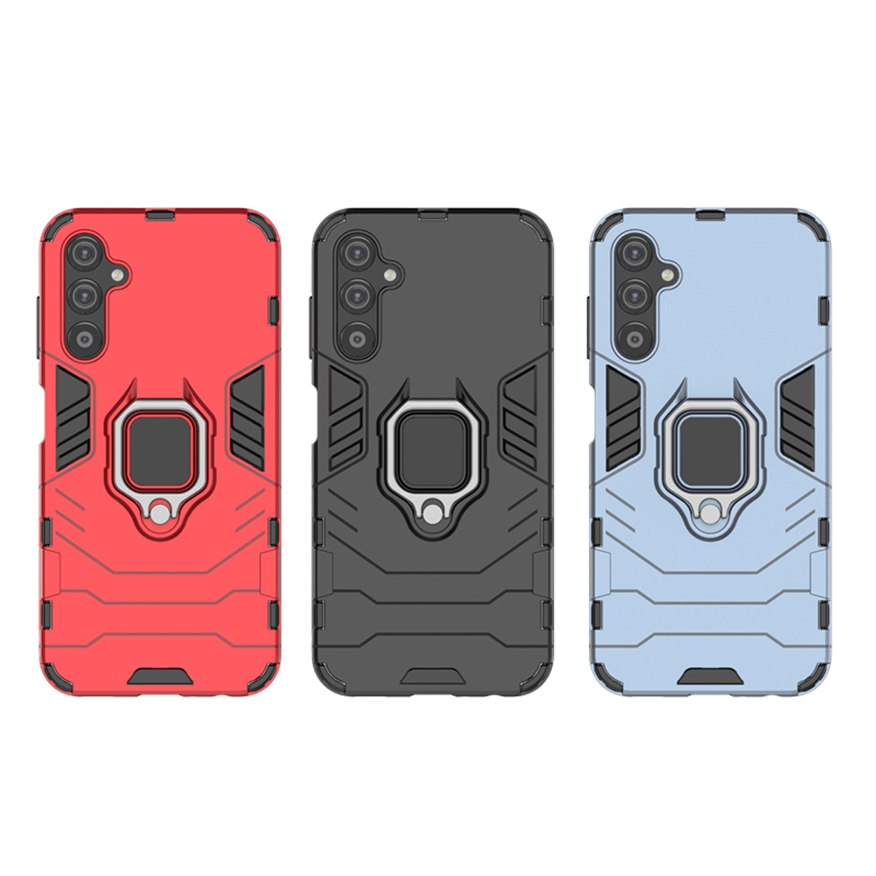 Drie telefoonhoesjes; rood, grijs en blauw, elk met een ringhouder. De telefoons liggen op tafel.