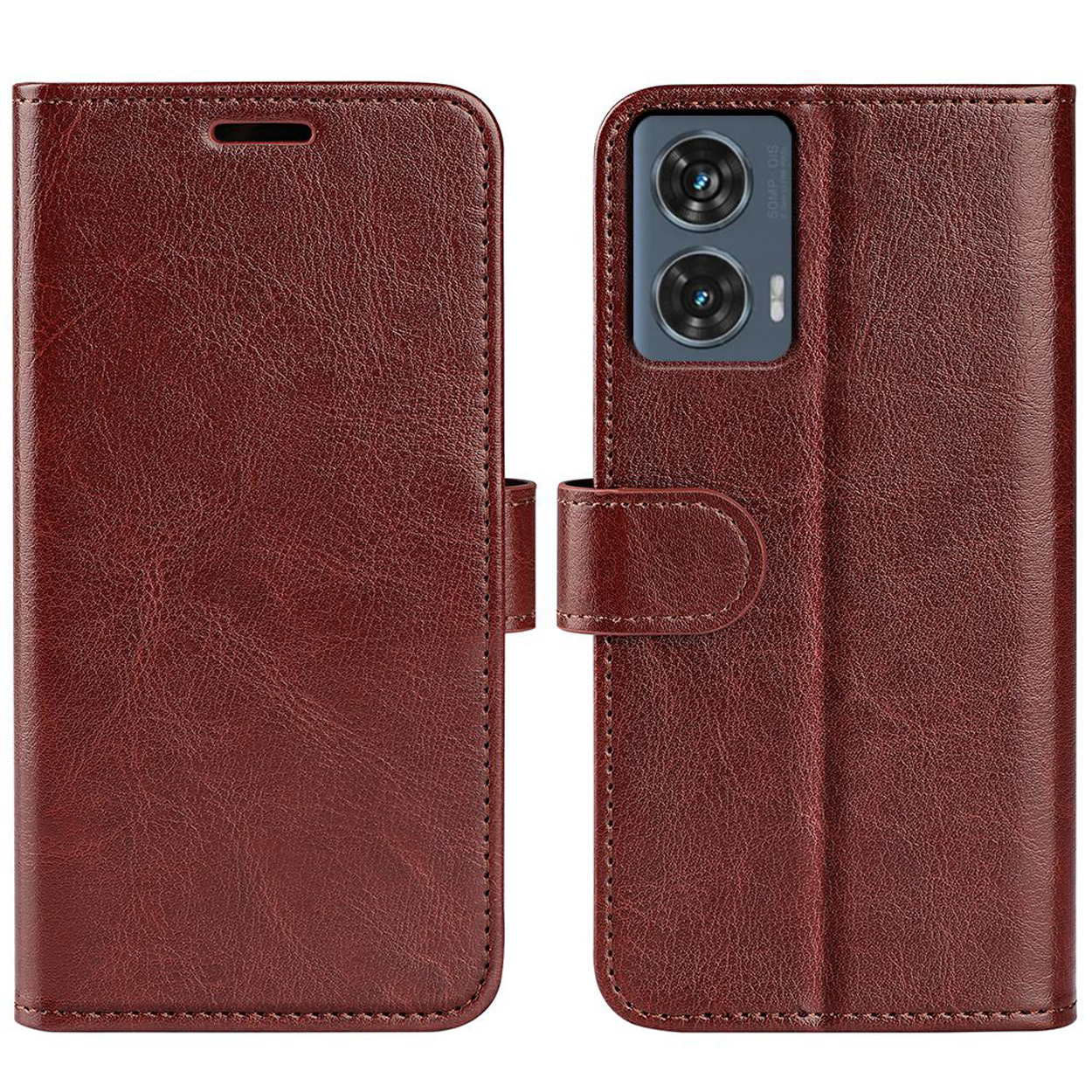 Étui de téléphone en cuir marron, ouvert et fermé. Il a une fermeture magnétique et une fente pour le téléphone.