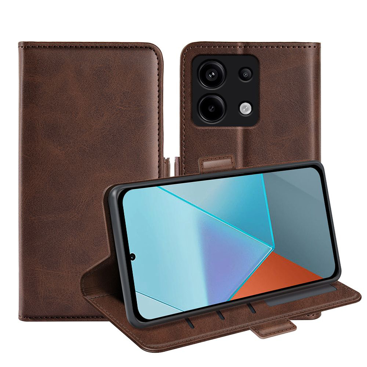 Bruine telefoonhoes, open, met een telefoon erin. Het scherm van de telefoon is zichtbaar.