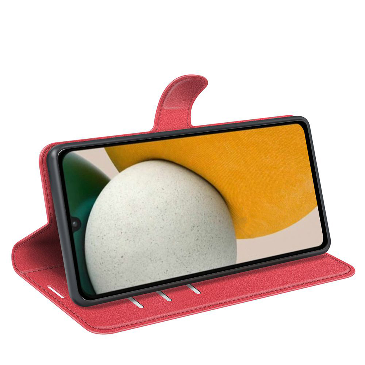 Étui de téléphone rouge avec un téléphone à l'intérieur. Le téléphone affiche un arrière-plan lumineux avec une sphère claire.
