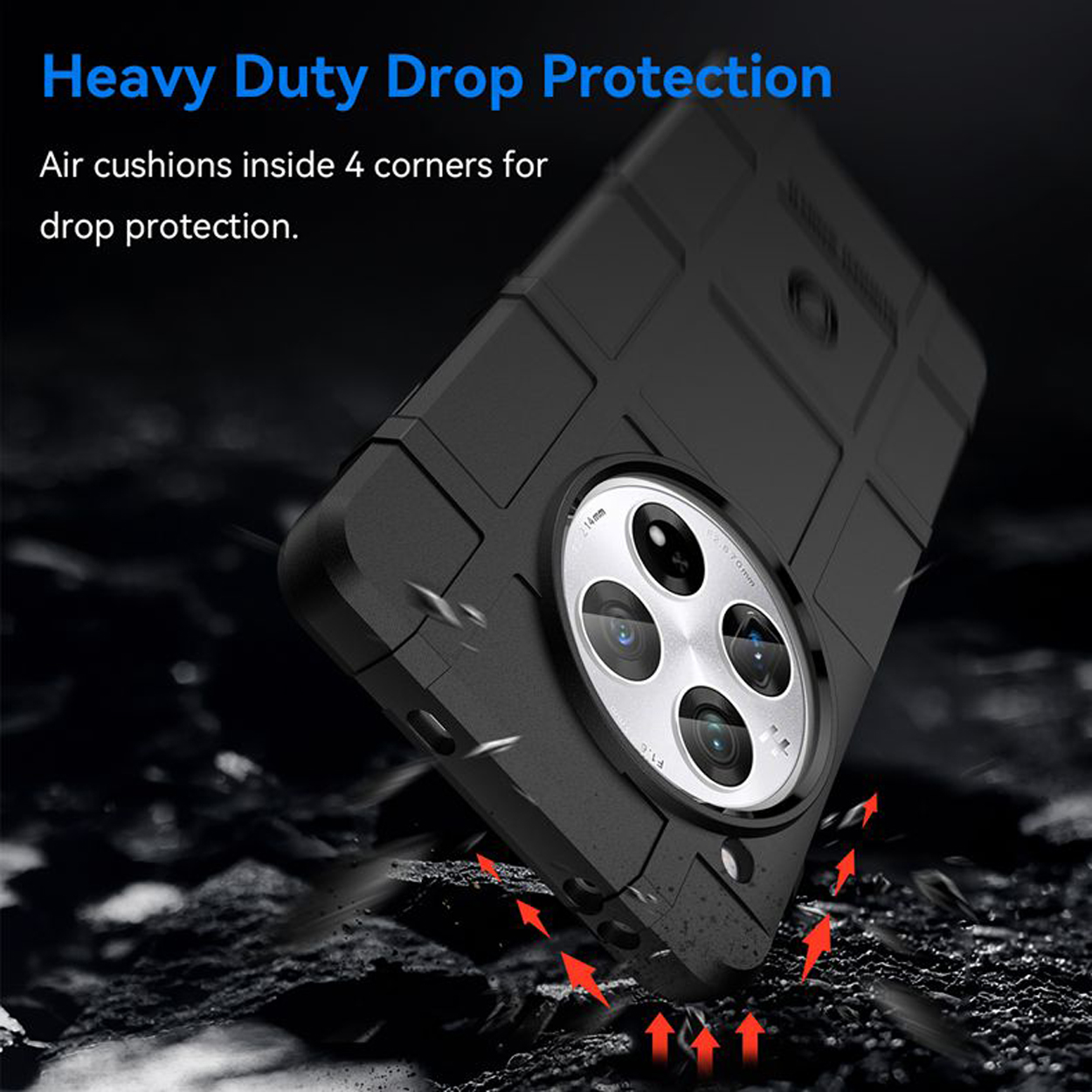 Une coque de téléphone noire avec une caméra et des flèches pointant vers le bas. Le fond est noir.