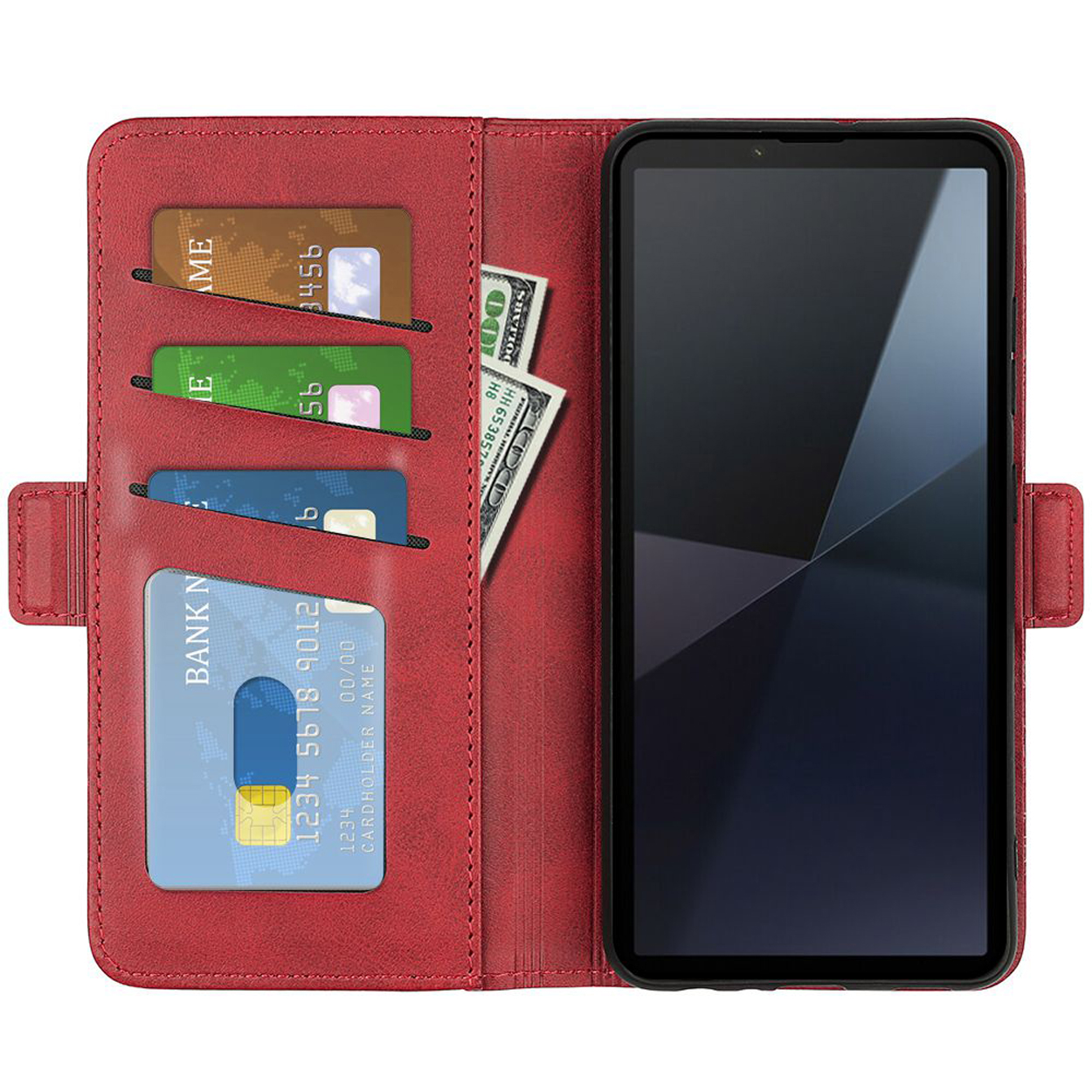 Rode telefoonhoes met kaartsleuven, contant geld en telefoon. Scherm is zwart.