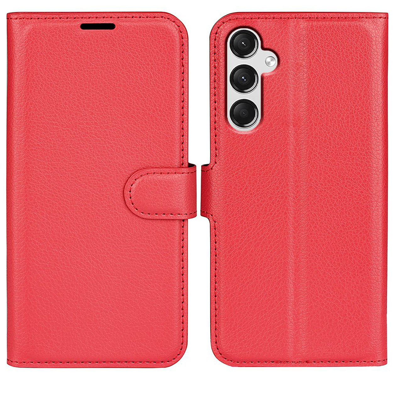 Étui de téléphone rouge avec vues ouvertes et fermées. Fermeture magnétique. Téléphone avec trois caméras.