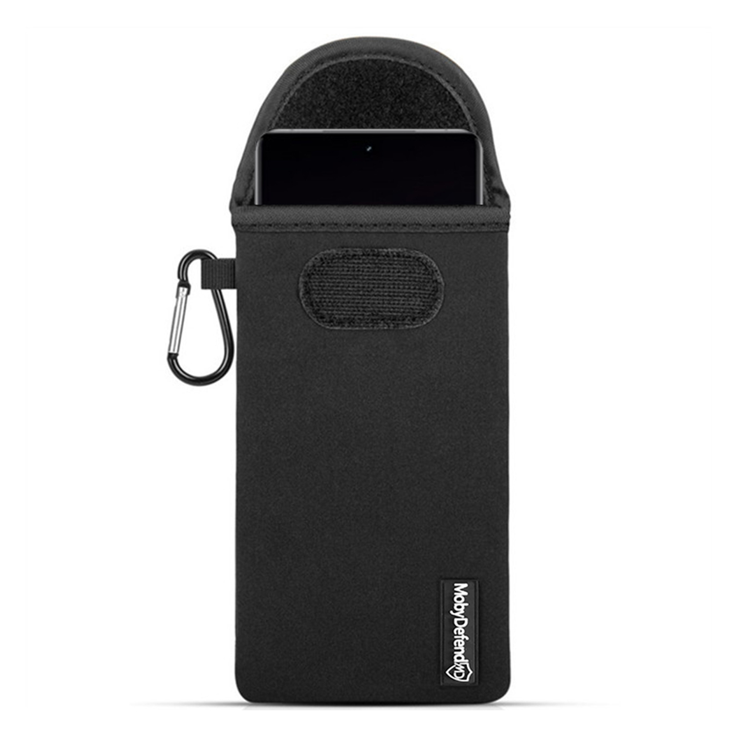 Zwarte telefoontas met karabijnhaak. Telefoon is ingevoegd. MobyDefend logo zichtbaar.