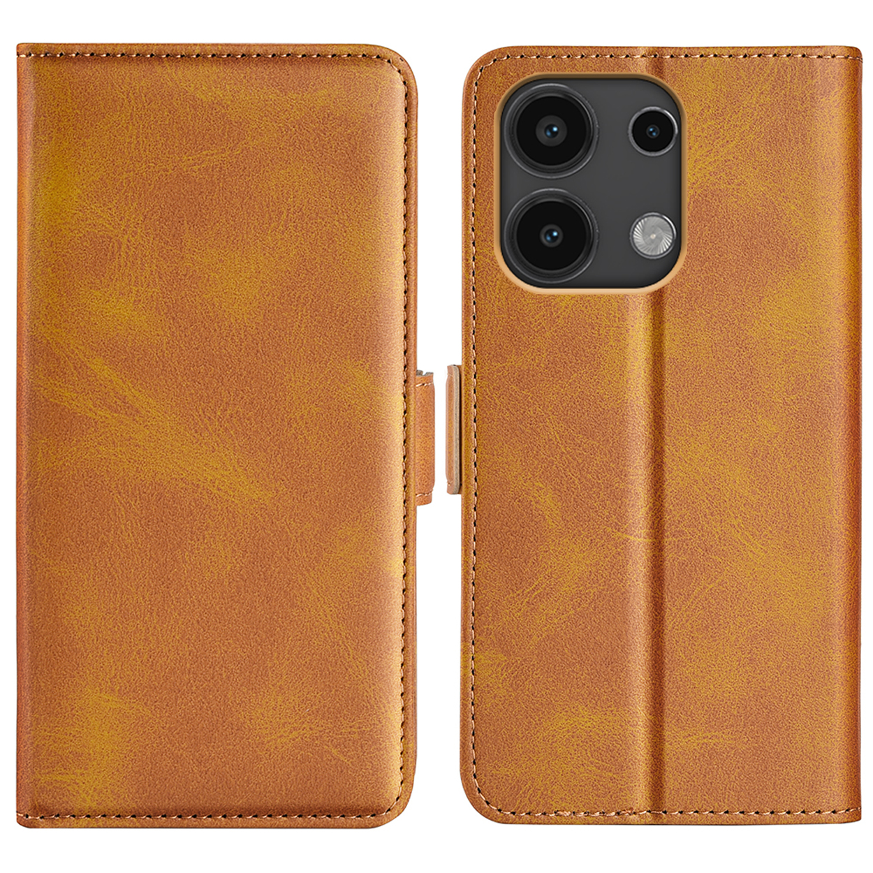 Oranje telefoonhoesje open. De hoes zit op een witte achtergrond.
