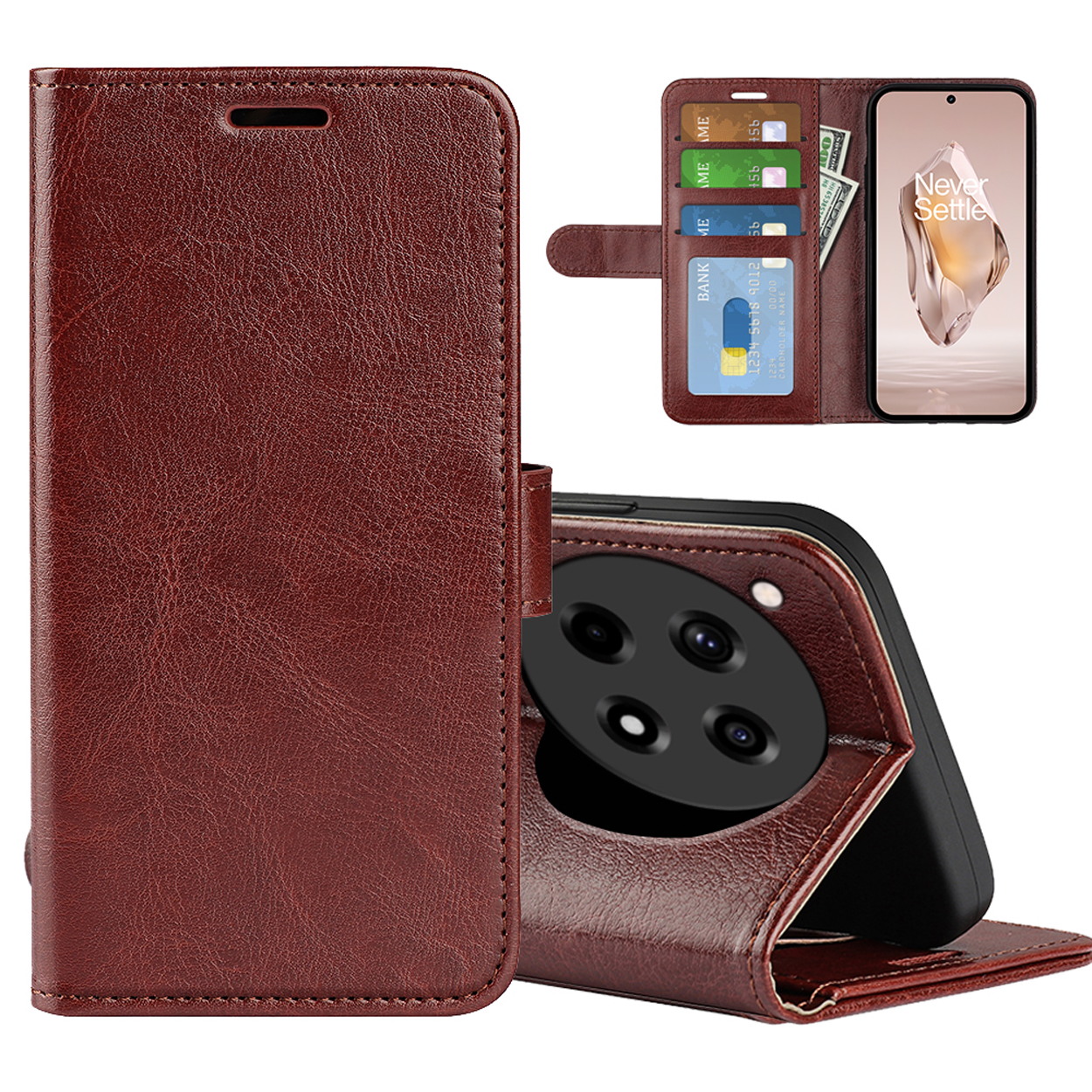 Étui de téléphone en cuir marron. Ouvert, avec téléphone, cartes et argent visibles.