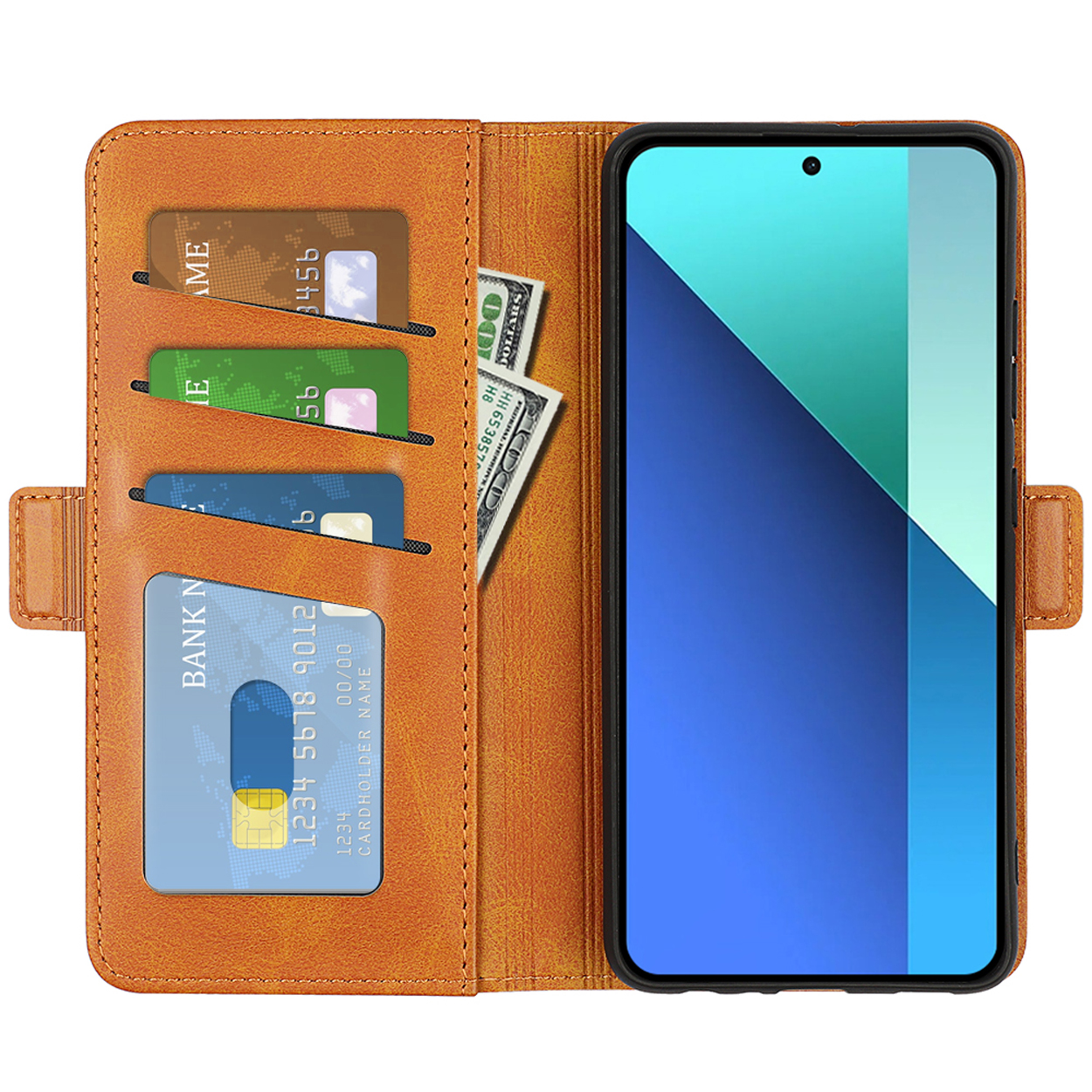 Oranje telefoonhoes, open. Binnenin: kaarten, geld en telefoon. Telefoon toont een blauw scherm.