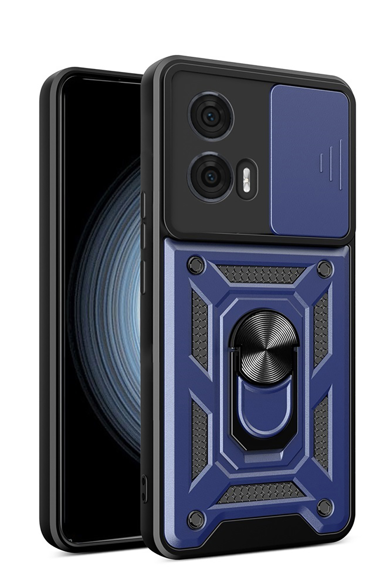 Blauwe telefoonhoes met een telefoon erin. De hoes heeft een schuifbare cameralens en een ringhouder.