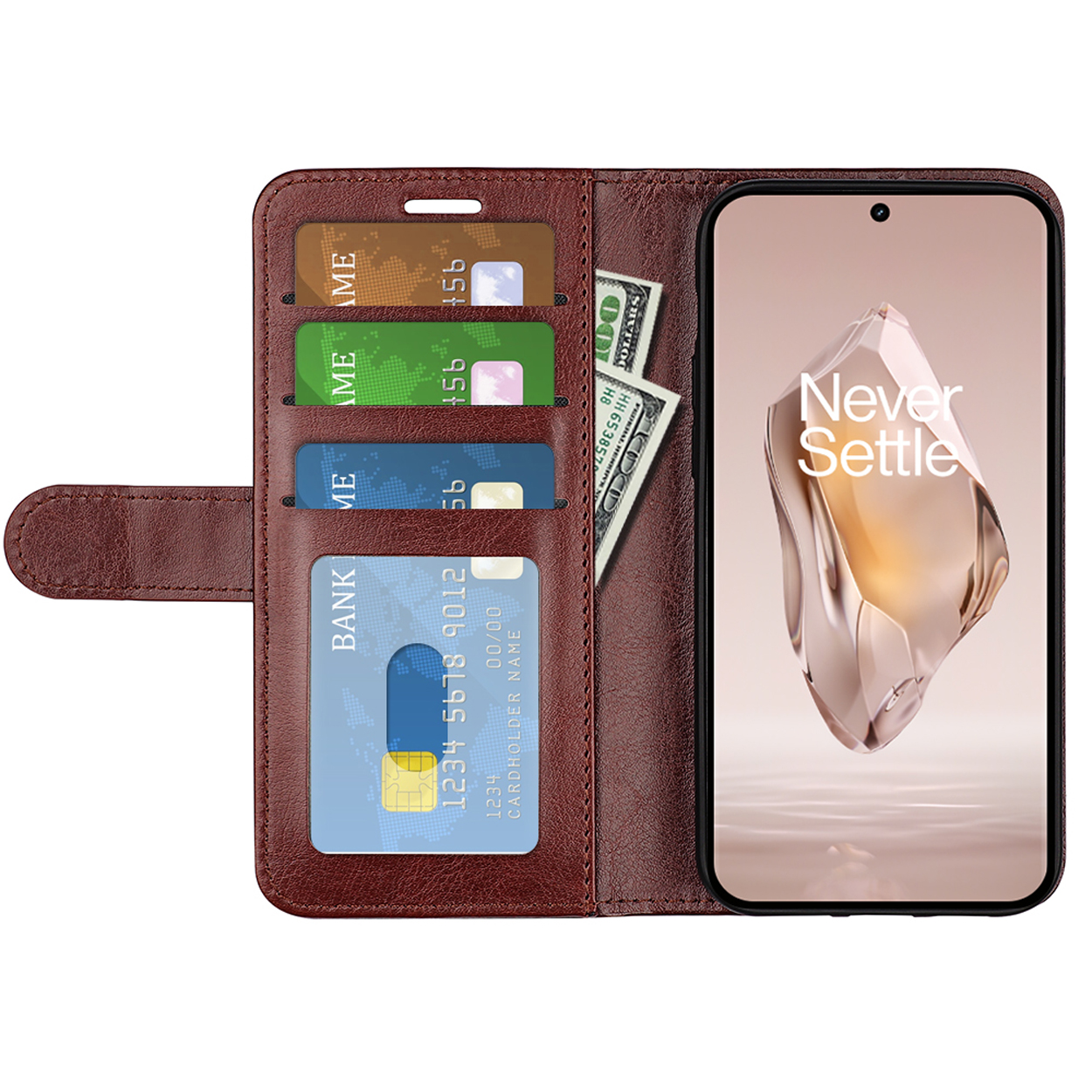 Étui de téléphone marron ouvert, avec un téléphone, des cartes et de l'argent. L'écran est visible.