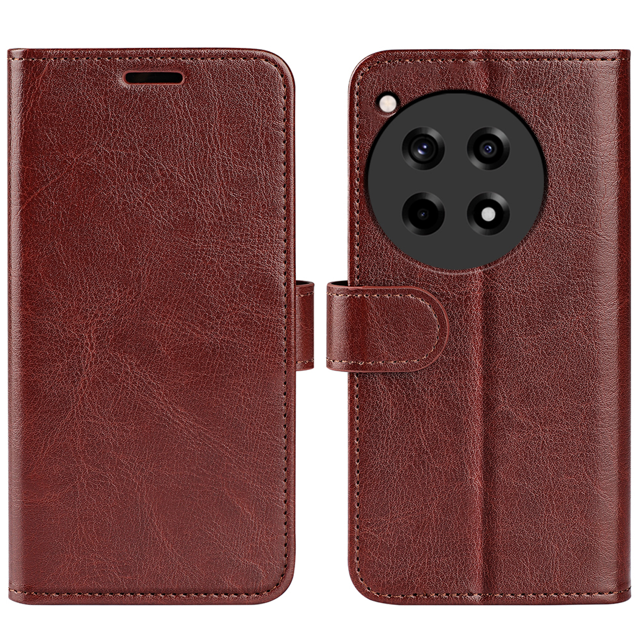 Étui de téléphone en cuir marron, ouvert pour afficher le téléphone. Étui de type folio avec fermeture magnétique.