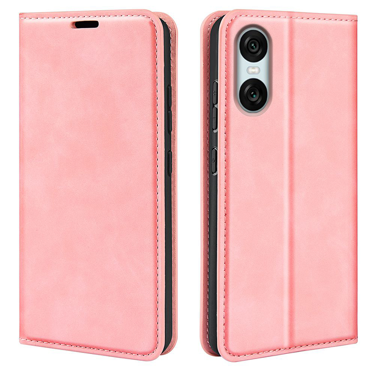 Roze telefoonhoes met telefoon erin, met kaartsleuven en magnetische sluiting.