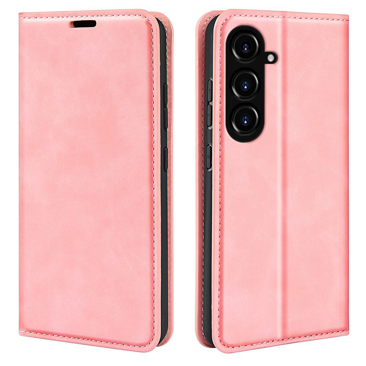 Étui de téléphone rose avec un téléphone. L'avant et l'arrière de l'étui sont montrés. L'étui est fermé.