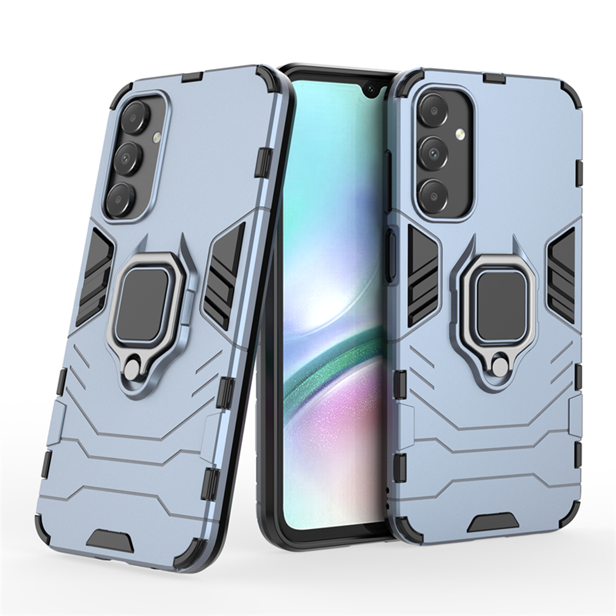 Deux coques de téléphone bleu clair avec supports d'anneau. Une coque est ouverte avec un téléphone à l'intérieur. Couverture protectrice.